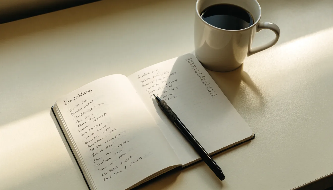 Ein aufgeschlagenes Notizbuch mit handschriftlichen Notizen und ein Kugelschreiber liegen auf einem hellen Schreibtisch neben einer Kaffeetasse.
