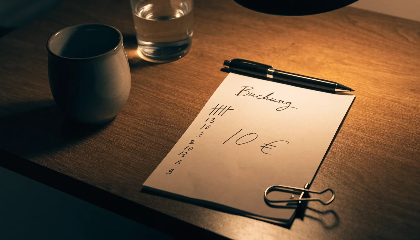 Ein Taschenrechner und ein Blatt Papier mit handschriftlichen Notizen liegen auf einem Schreibtisch unter dem warmen Licht einer Lampe.