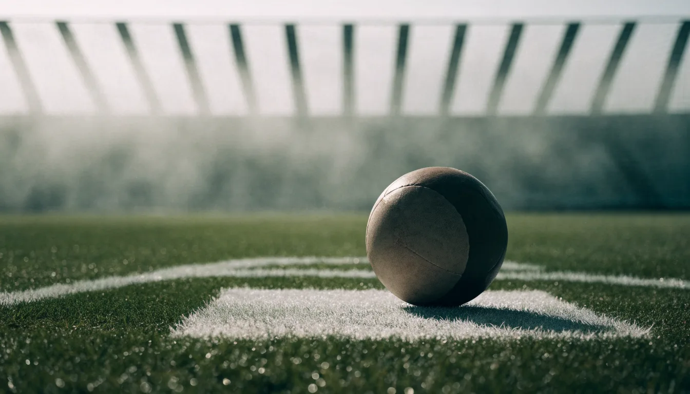 Ein Fußball liegt auf dem Elfmeterpunkt eines leeren Rasenplatzes, im Hintergrund eine Tribüne im Dunst.