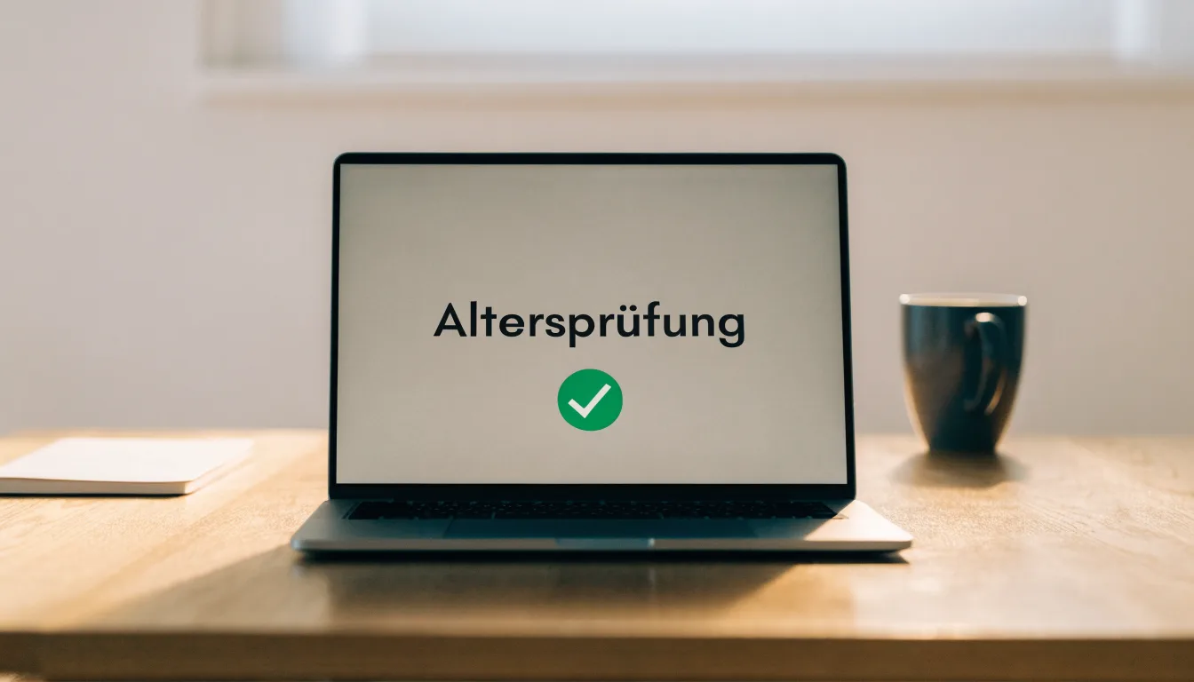 Eine Waage aus Messing und ein geschlossener Aktenordner ohne Beschriftung stehen auf einem polierten Schreibtisch vor einem Fenster.