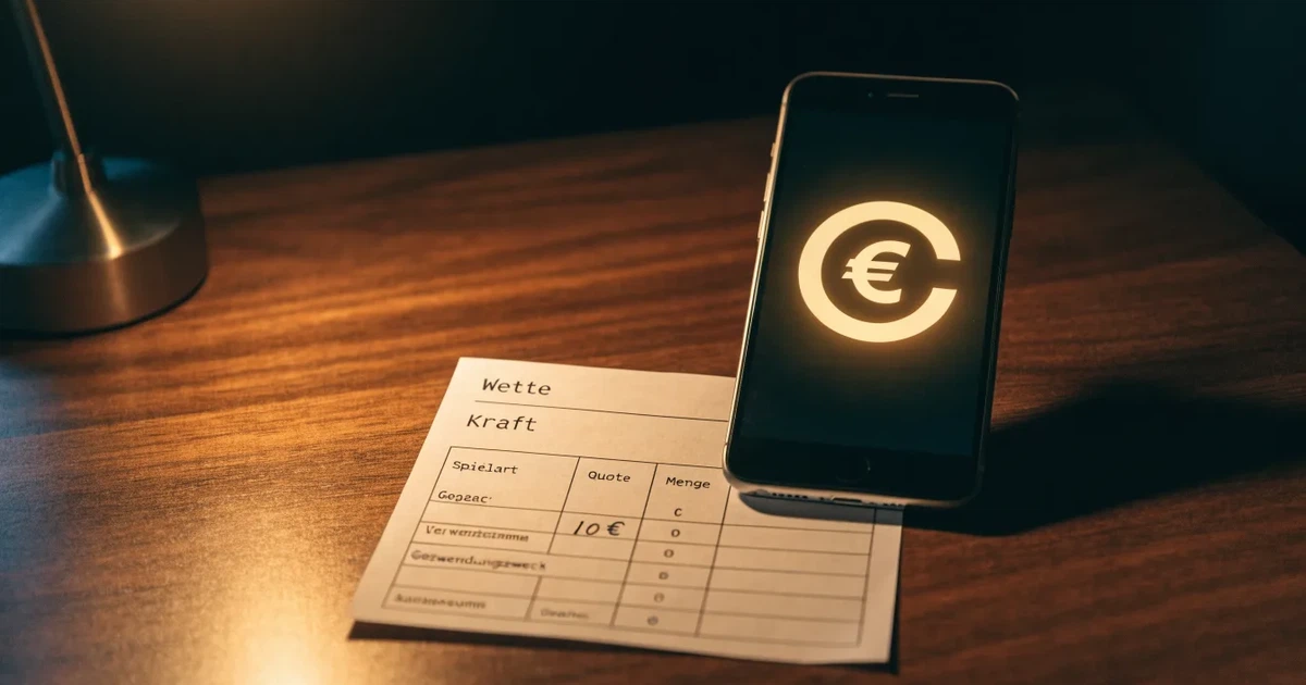 Ein leerer Wettschein aus Papier liegt neben einem Stapel Euro-Münzen auf einem dunklen Holztisch, seitlich von einer Schreibtischlampe beleuchtet.