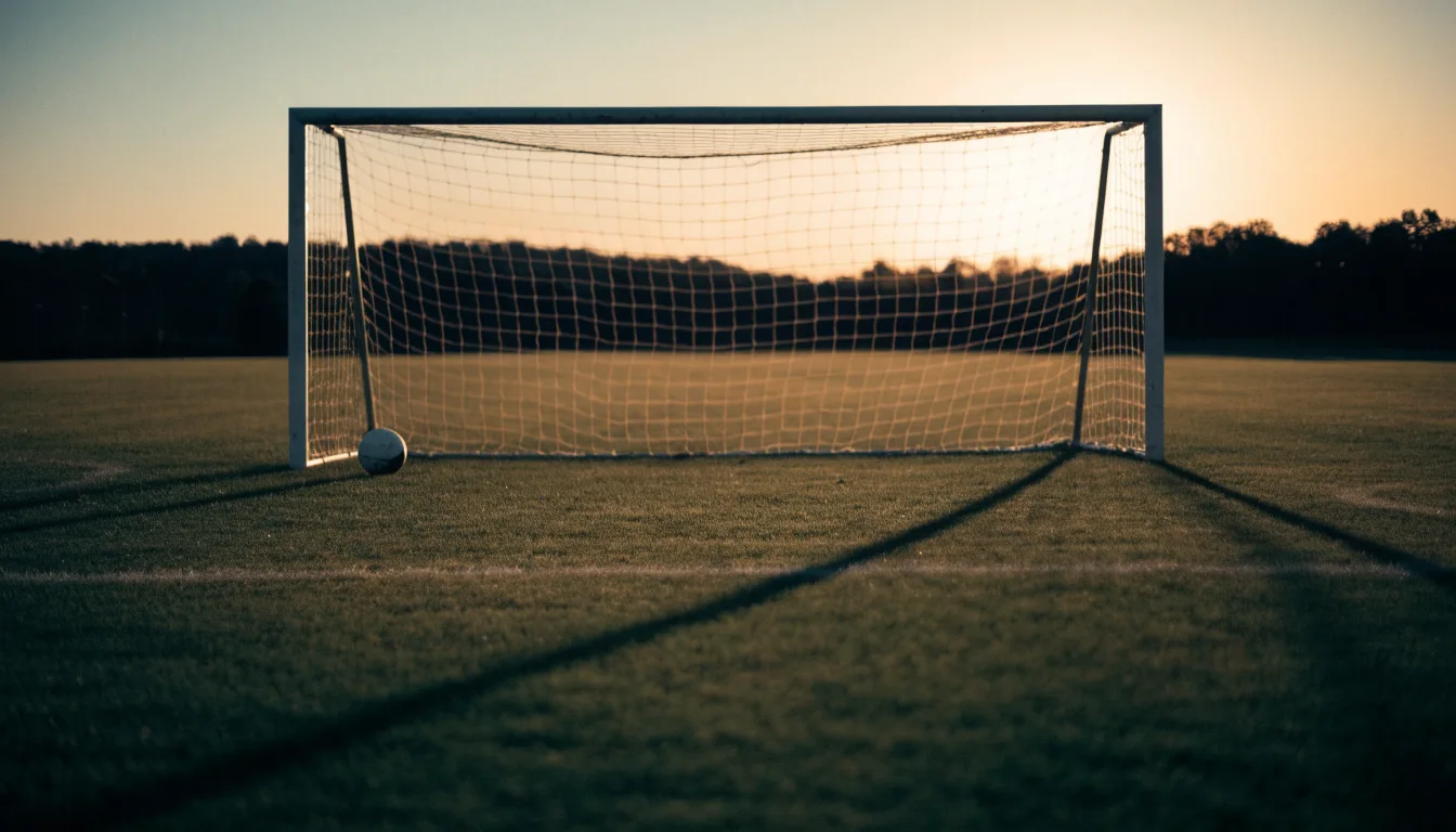 Ein Fußballtor mit Netz bei Sonnenuntergang auf einem leeren Platz, die Schatten der Torpfosten liegen lang auf dem Gras.