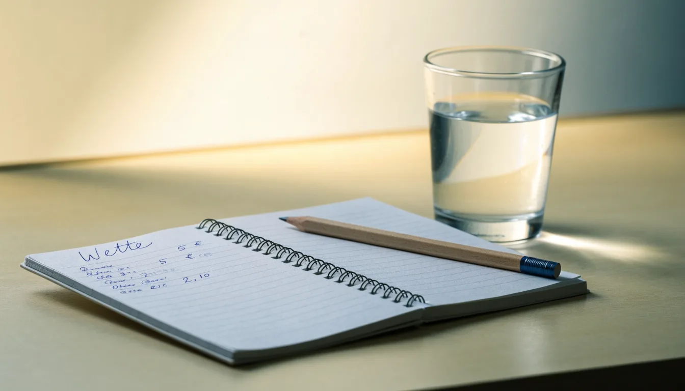 Ein aufgeschlagenes Heft mit handschriftlichen Notizen und ein Bleistift liegen auf einem Schreibtisch, daneben ein Glas Wasser.