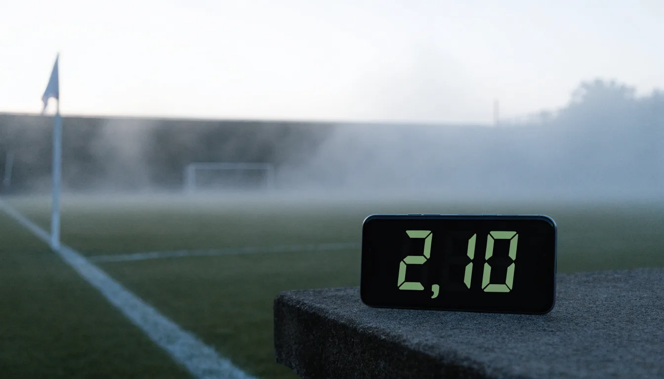 Der Rand eines Spielfelds mit weißer Linie und Eckfahne bei Nebel am frühen Morgen, ohne Menschen.