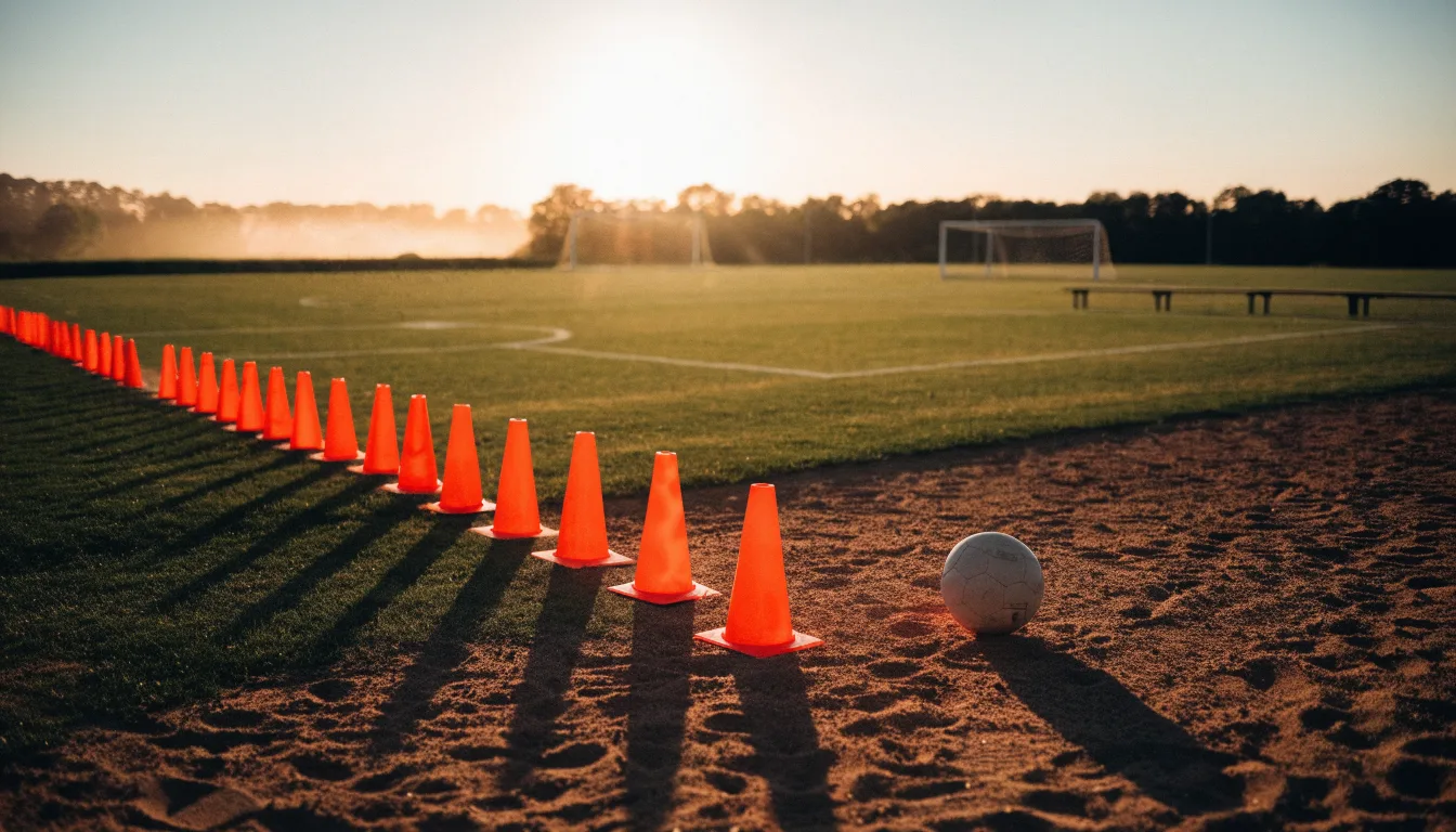 Ein Fußball auf rotem Sandboden neben einer Reihe Hütchen auf einem Trainingsplatz bei untergehender Sonne.