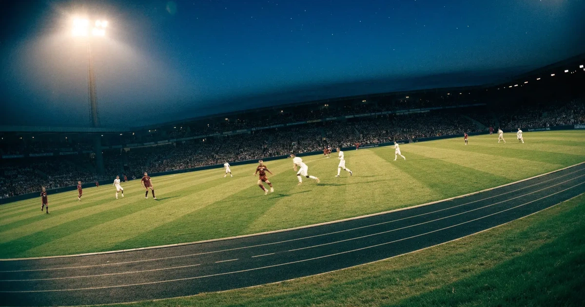 Ein Fußballstadion unter Flutlicht mit hellen Rängen, von einem Hügel aus gesehen, darüber ein dunkelblauer Abendhimmel.