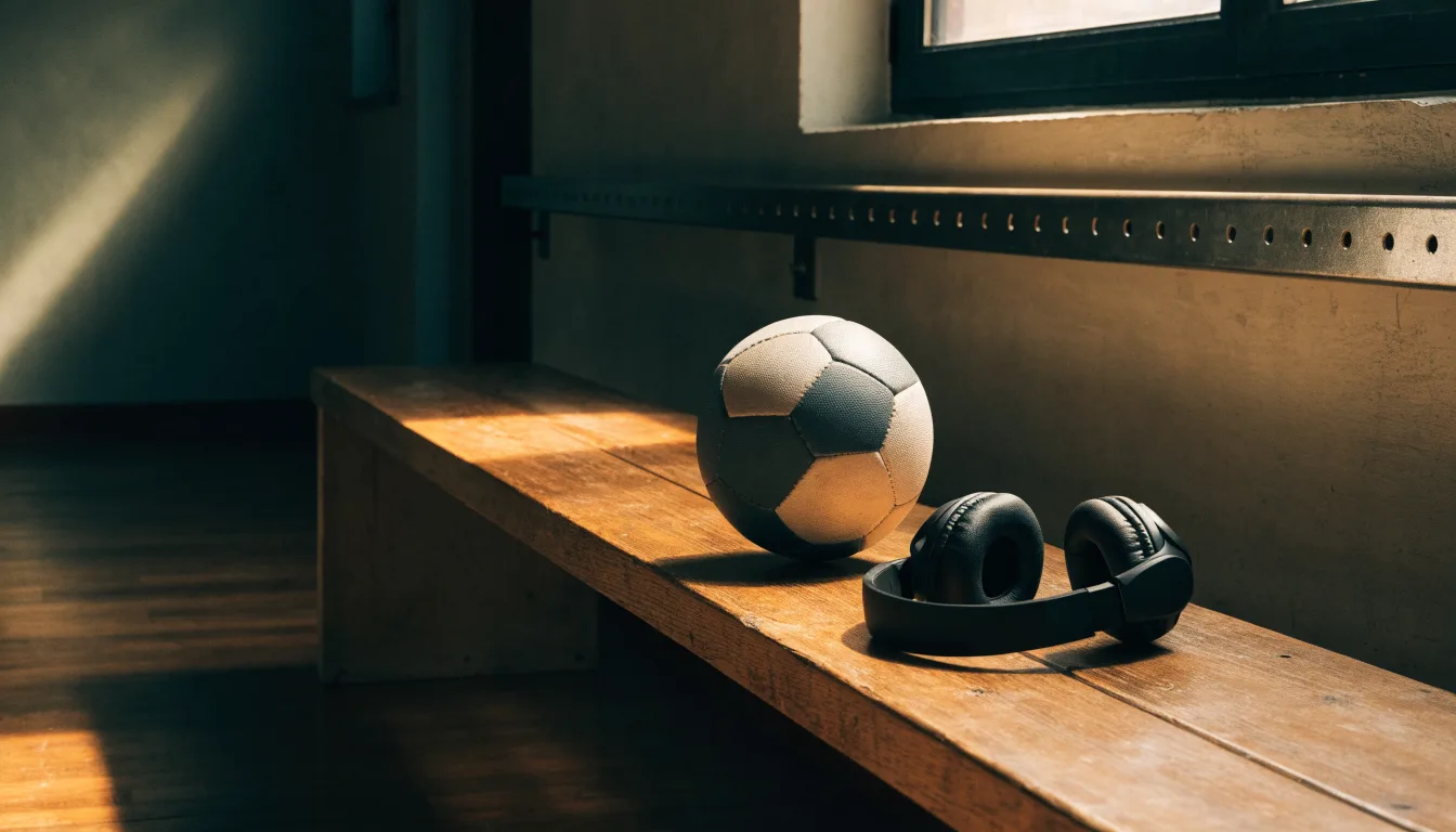 Ein Fußball liegt neben Kopfhörern auf einer Holzbank in einer Umkleide, Licht fällt durch ein schmales Fenster.