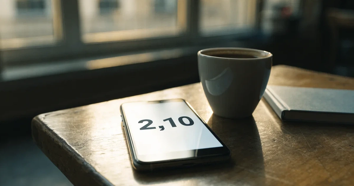 Ein Smartphone mit dunklem Bildschirm liegt auf einem Tisch in einem Café, daneben eine Tasse und ein Notizbuch.