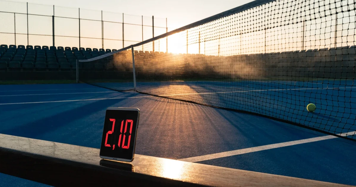 Ein leerer Tennisplatz mit Hartplatzbelag in der Morgendämmerung, das Netz im Gegenlicht und lange Schatten der Linien.