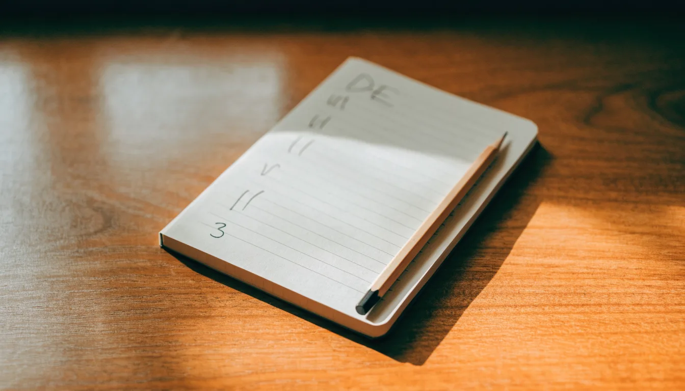 Ein handschriftlich geführtes Heft mit Strichlisten liegt neben einem Bleistift auf einem Tisch, seitlich fällt Tageslicht herein.