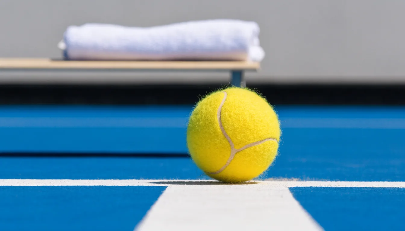 Ein gelber Tennisball liegt auf einer weißen Linie, daneben ein Handtuch auf einer Bank am Spielfeldrand.