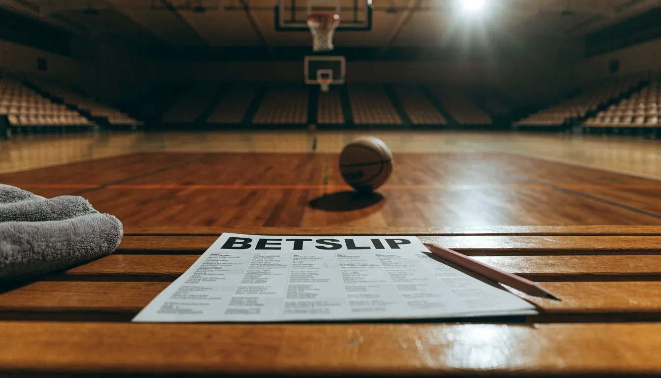 Ein Basketball liegt auf der Freiwurflinie einer Halle, im Vordergrund ein Handtuch auf einer Bank.