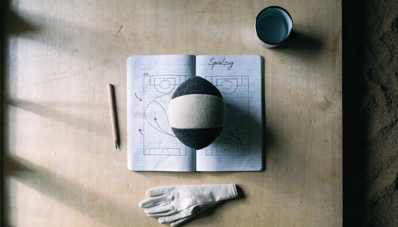 Ein Fußball liegt auf einem Notizbuch mit handgezeichneten Skizzen von Spielzügen, aufgenommen von oben auf einem Holztisch.