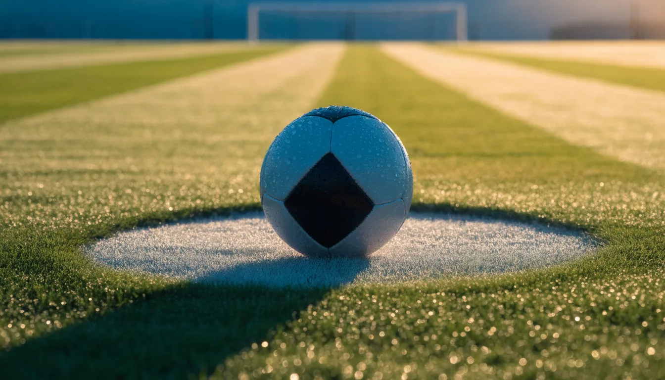 Ein Fußball liegt auf dem Anstoßpunkt eines Rasens bei Sonnenaufgang, Tau glitzert auf den Halmen.