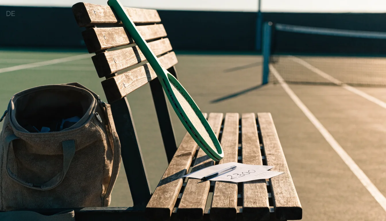 Ein Tennisschläger lehnt an einer Bank neben einer Sporttasche, im Hintergrund ein leerer Platz.