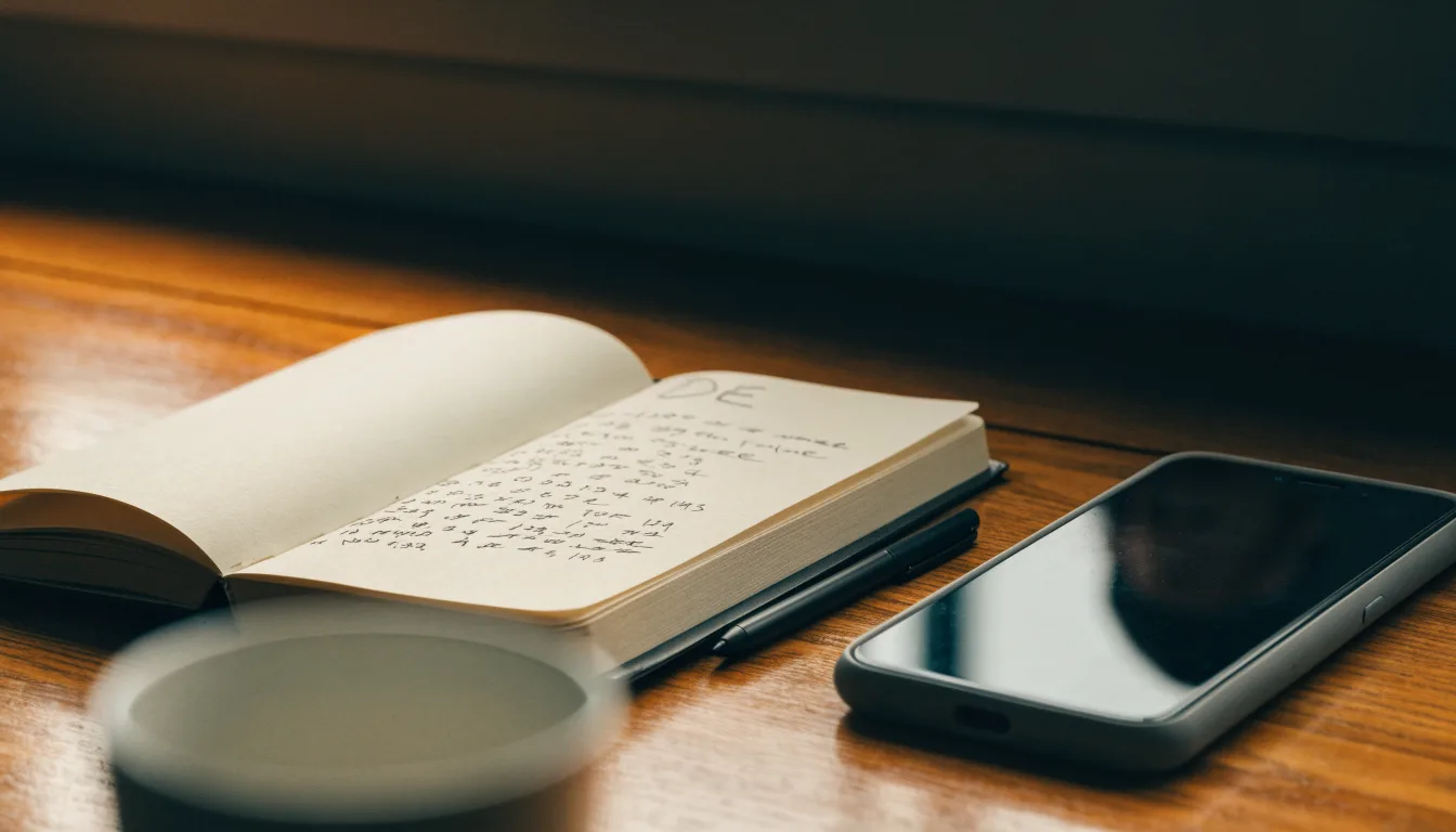 Ein Notizbuch mit handschriftlichen Notizen und ein Kugelschreiber liegen neben einem Smartphone mit dunklem Display auf einem Holztisch.