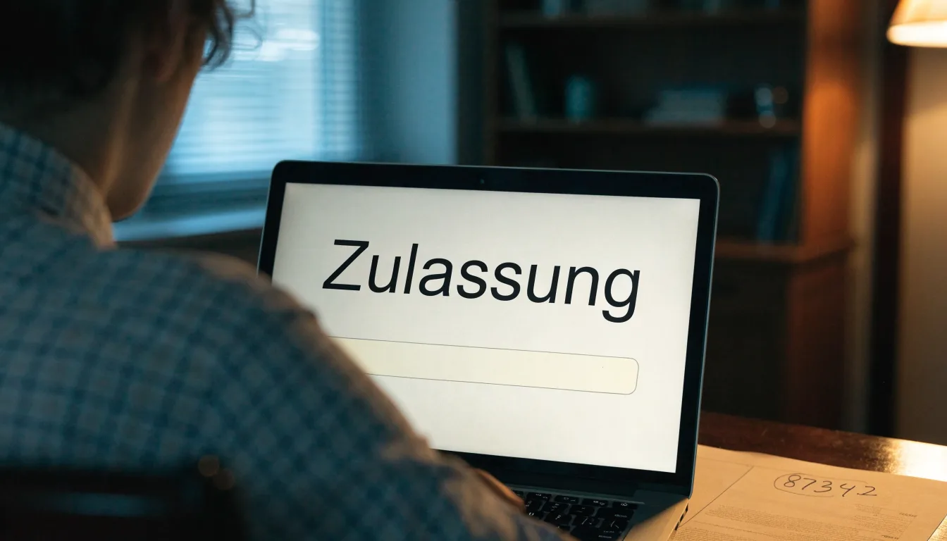 Eine Balkenwaage aus Messing steht auf einem dunklen Holztisch vor einer Bücherwand, gedämpftes Licht, keine lesbare Beschriftung.
