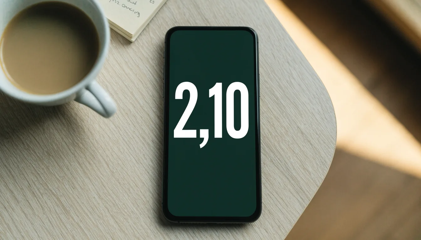 Ein Smartphone mit dunklem Display liegt neben einer Kaffeetasse und einem Notizblock auf einem hellen Tisch.