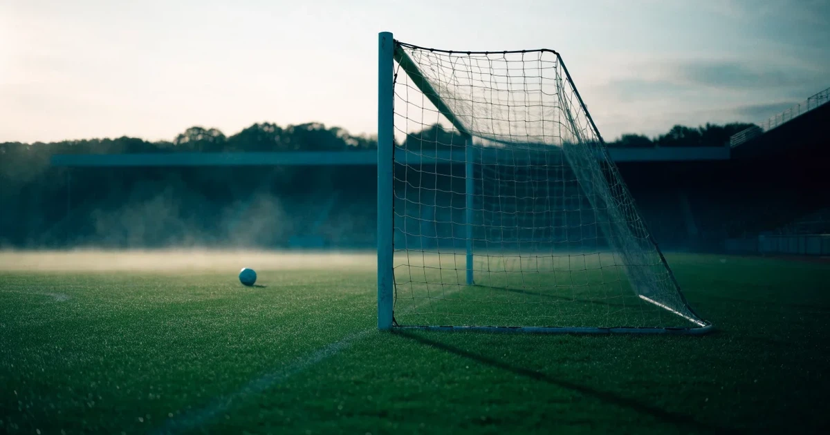 Ein Fußballtor mit gespanntem Netz steht auf einem leeren Rasenplatz, davor ein einzelner Ball, Morgendunst liegt über dem Feld.