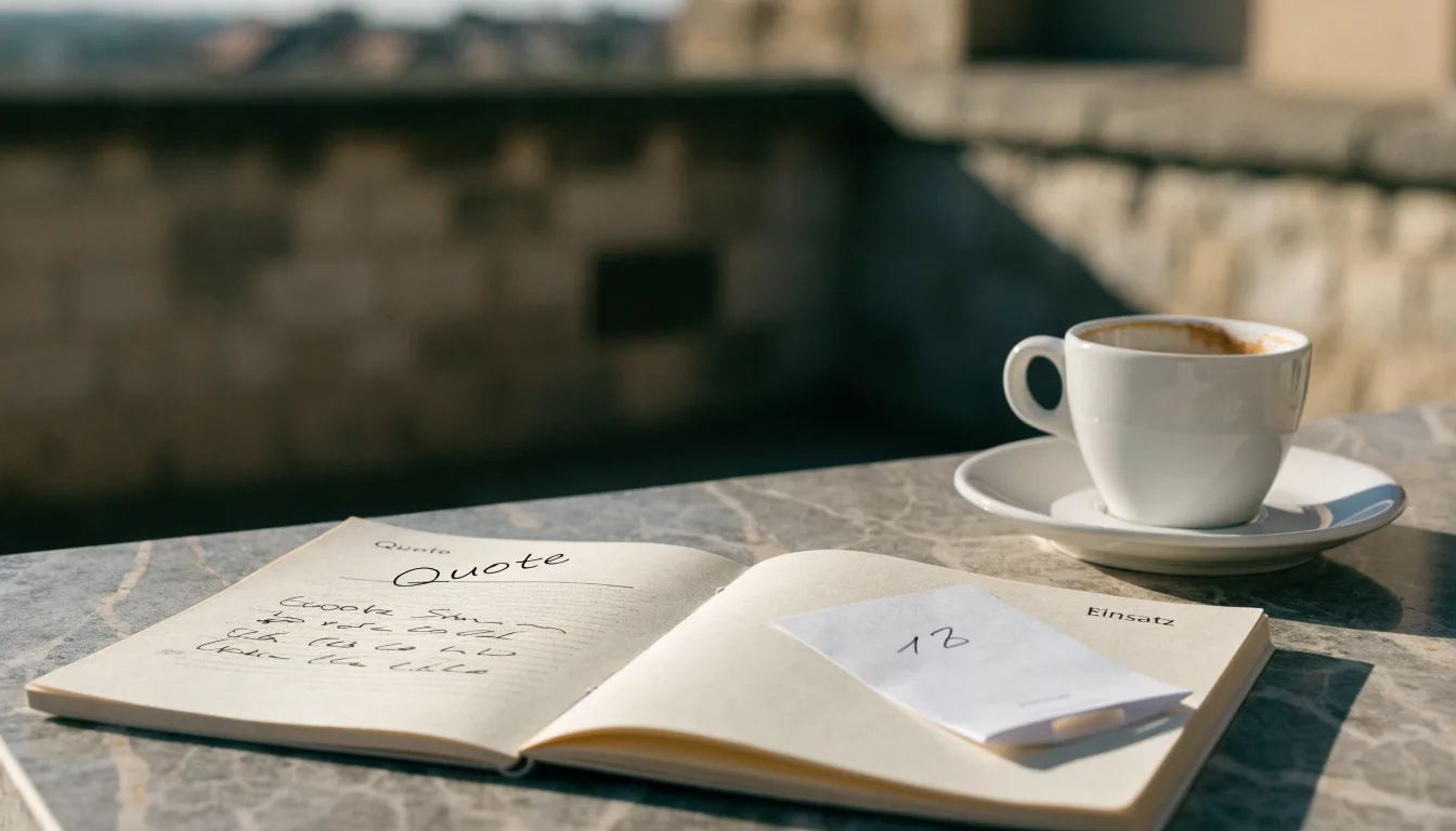 Eine Espressotasse steht auf einem kleinen Marmortisch einer Terrasse, daneben ein Notizheft mit handschriftlichen Skizzen.