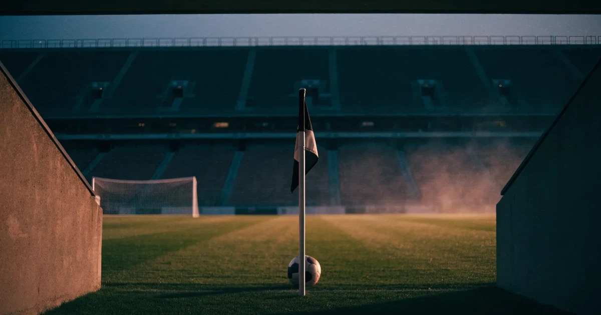 Blick durch ein Stadiontor auf einen grünen Rasen im Abendlicht, ein Ball liegt an der Eckfahne, die Ränge sind leer.