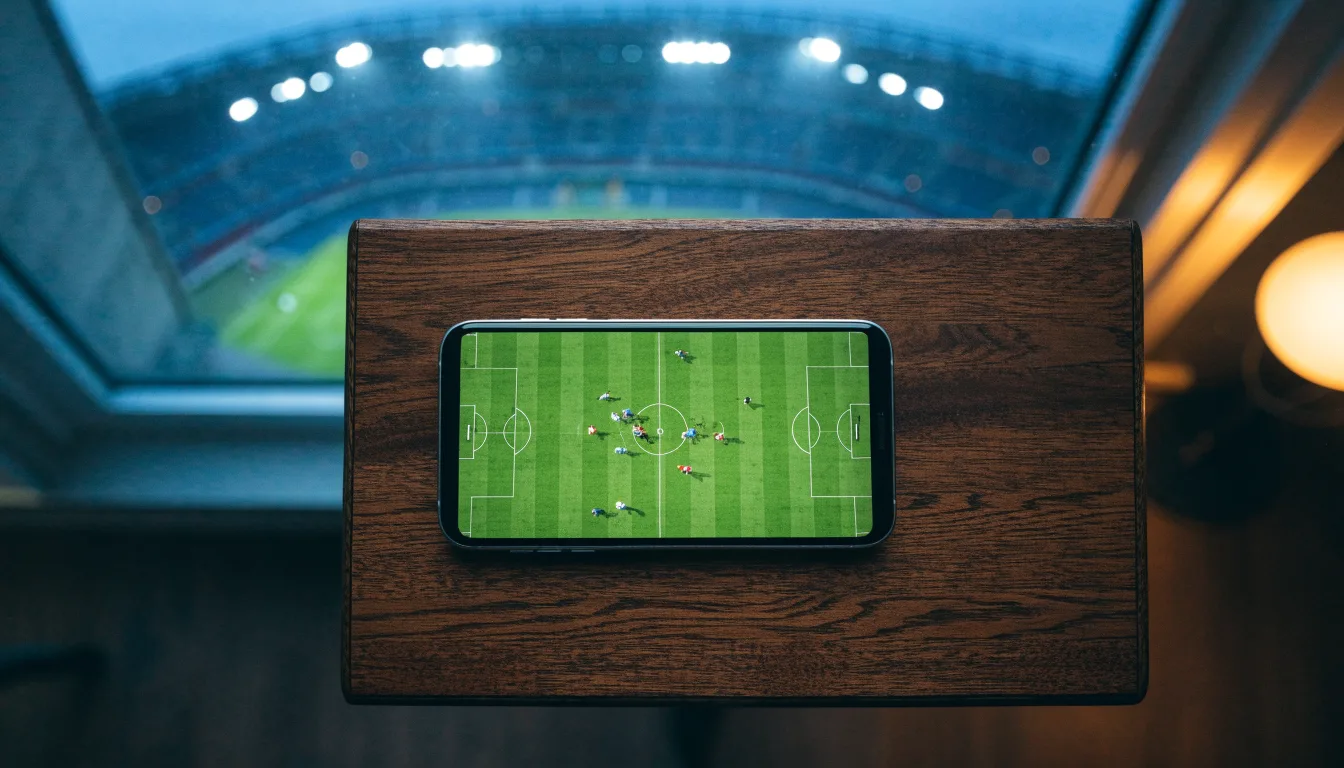 Eine leere Stadiontribüne unter Flutlicht aus der Ferne betrachtet, die Rasenfläche leuchtet grün in der Dämmerung.