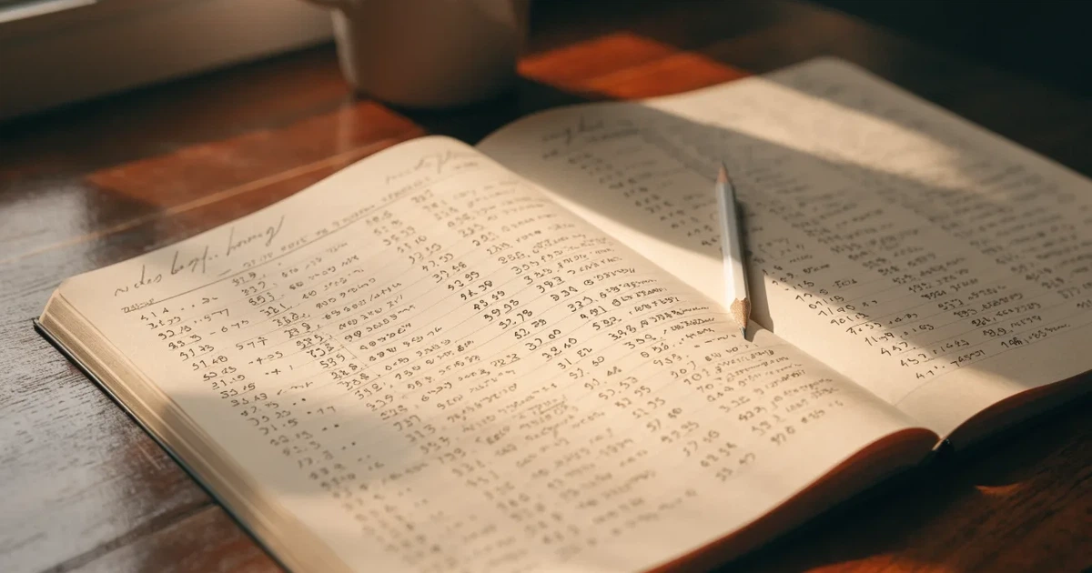 Ein aufgeschlagenes Notizbuch mit handschriftlichen Zahlenreihen und ein Bleistift liegen neben einem Taschenrechner auf einem Schreibtisch.