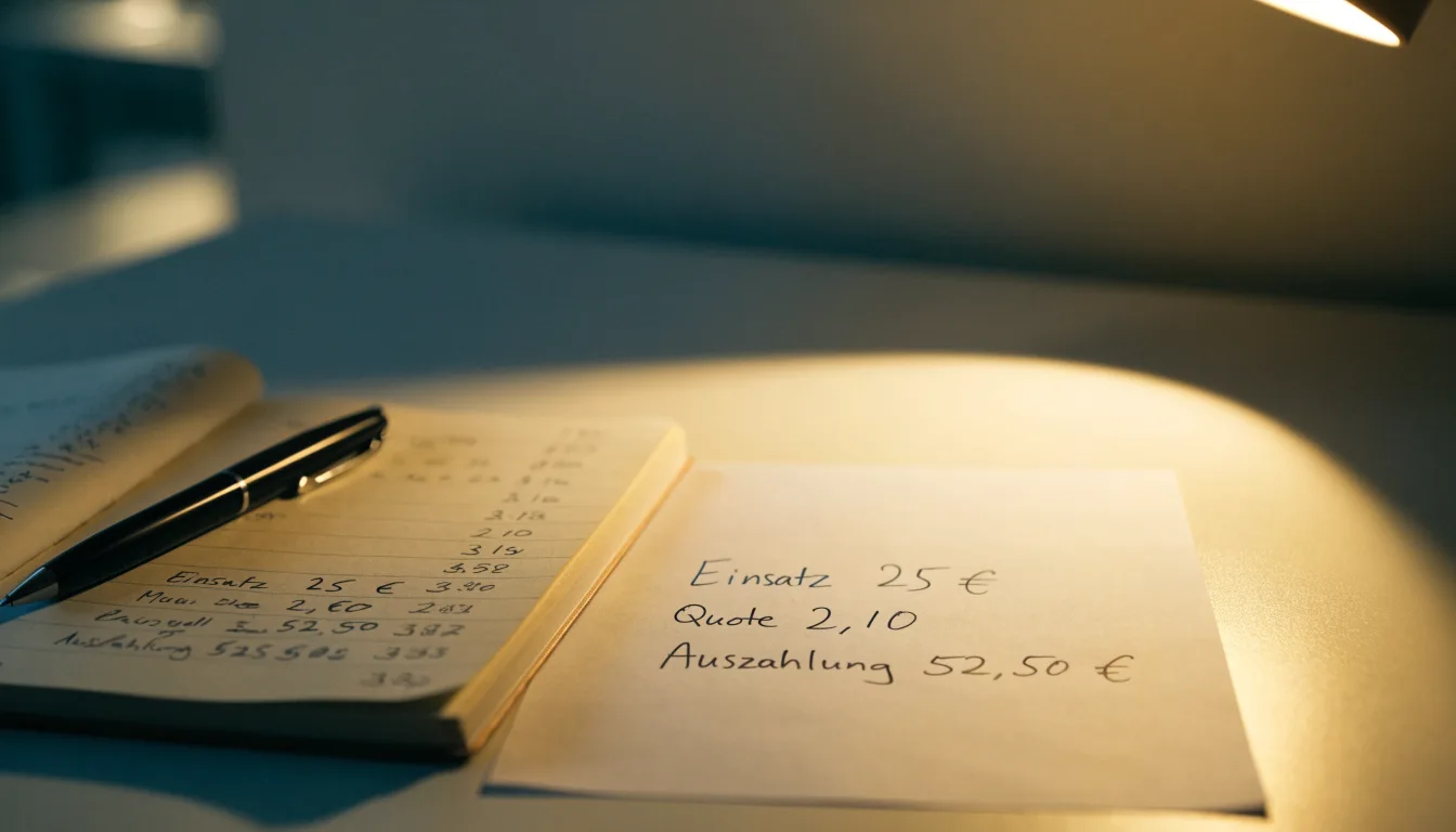 Ein Notizbuch mit handschriftlichen Rechnungen und ein Taschenrechner liegen auf einem aufgeräumten Schreibtisch in warmem Licht.