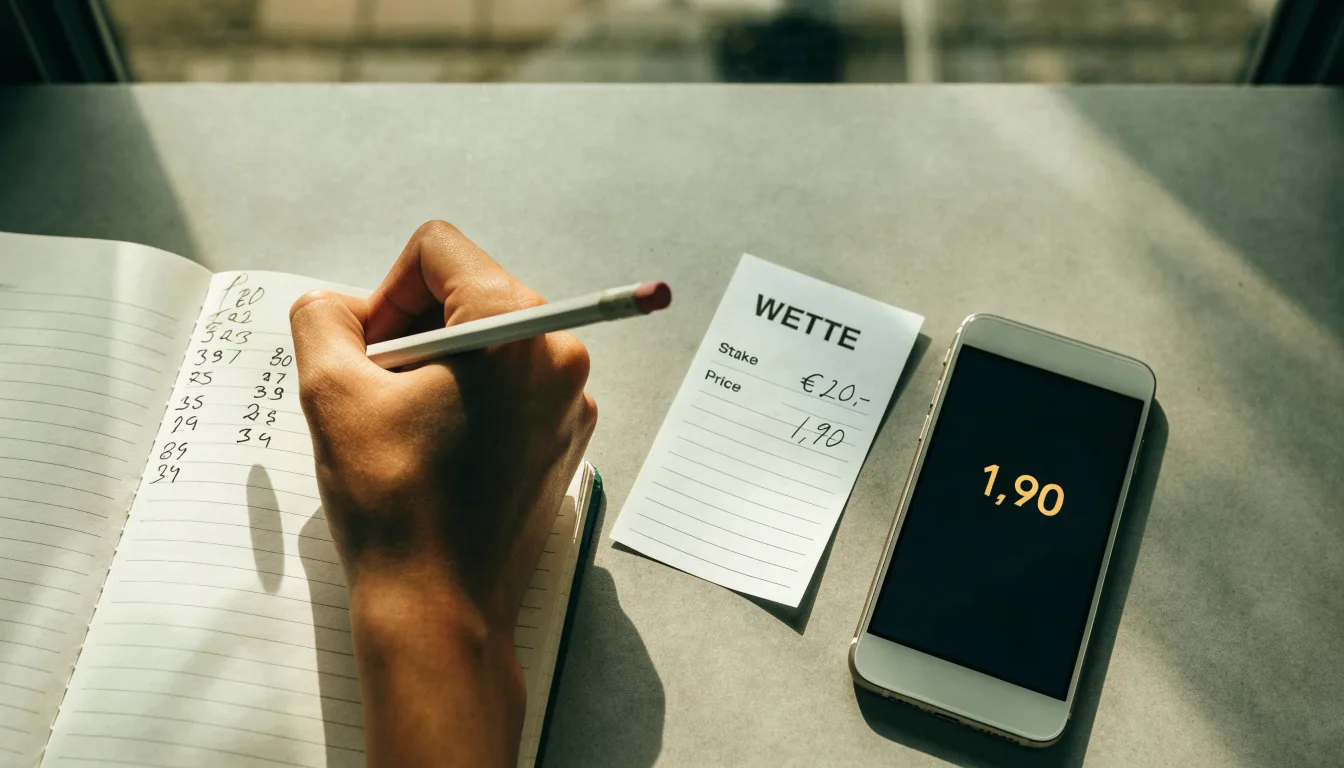 Ein Taschenrechner, ein Bleistift und ein Block mit handschriftlichen Zahlenreihen liegen auf einer grauen Arbeitsfläche.