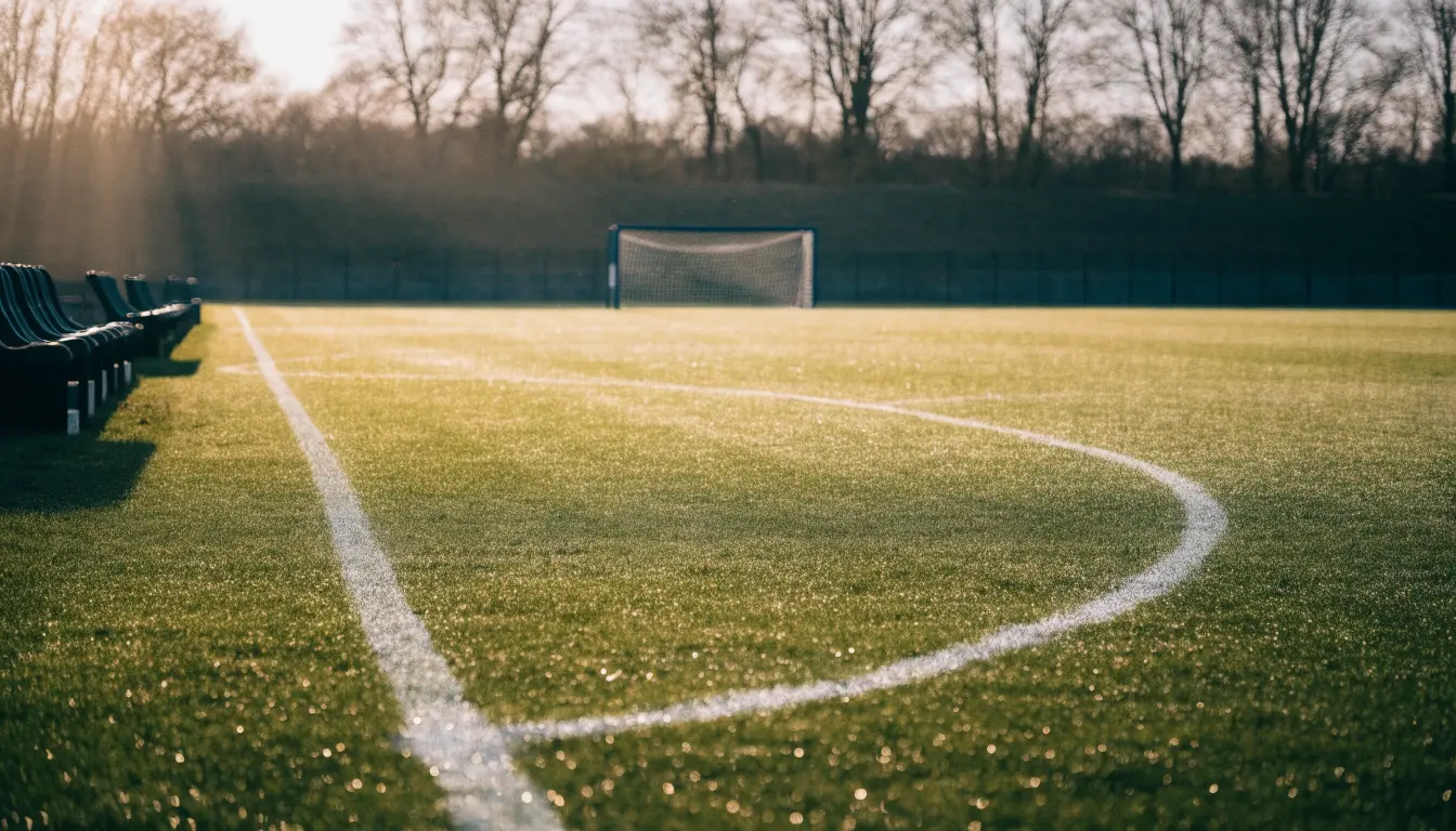 Ein Fußballplatz mit frisch gezogenen Kreidelinien im ersten Morgenlicht, leere Ersatzbänke am Spielfeldrand.