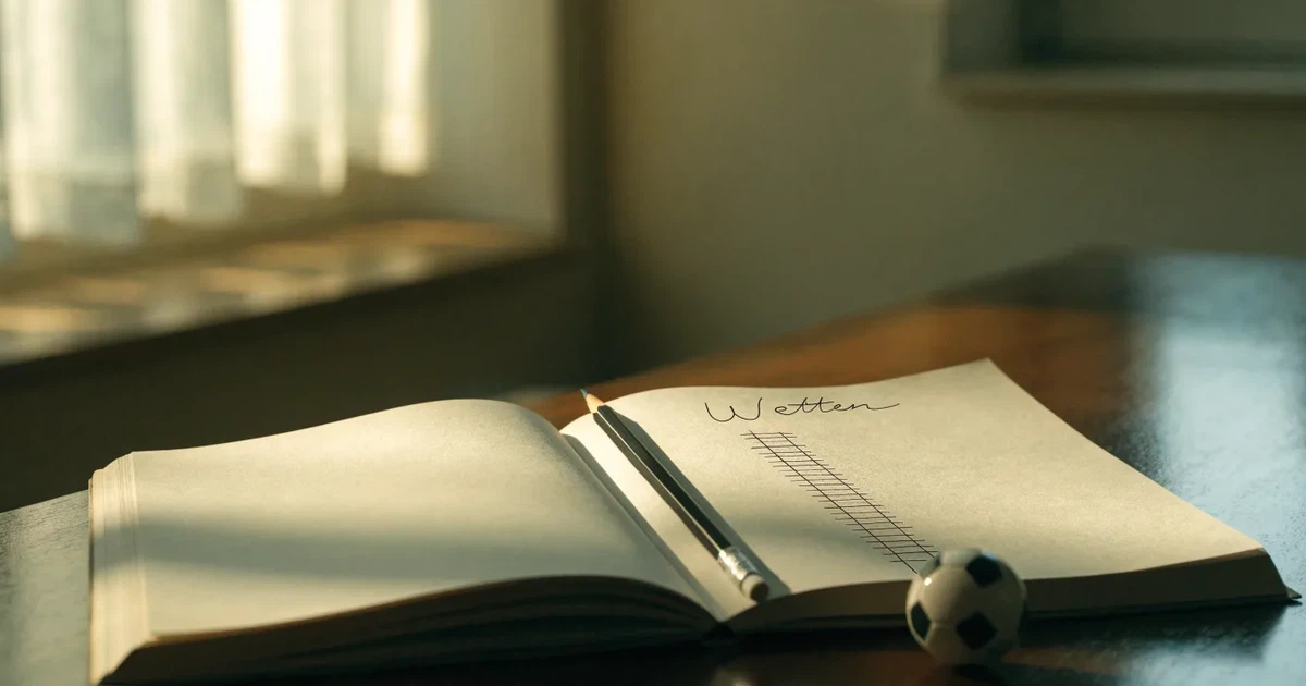 Ein Notizbuch mit handschriftlichen Strichlisten, ein Bleistift und ein kleiner Fußball liegen auf einem Schreibtisch vor einem Fenster.