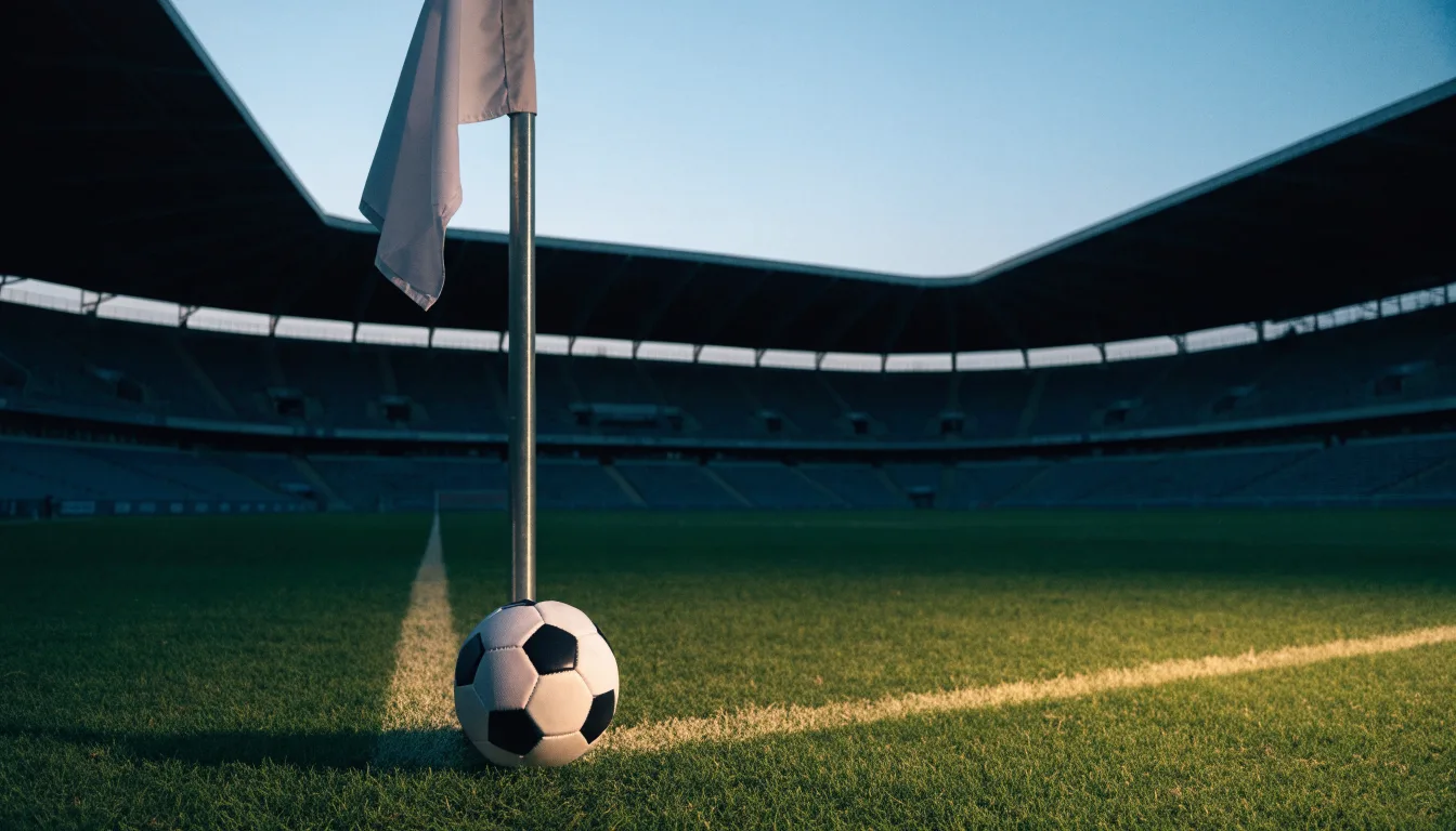Ein Fußball liegt neben einem Eckfahnen-Pfosten auf einem Rasenplatz, im Hintergrund ein leeres Stadion in der Dämmerung.