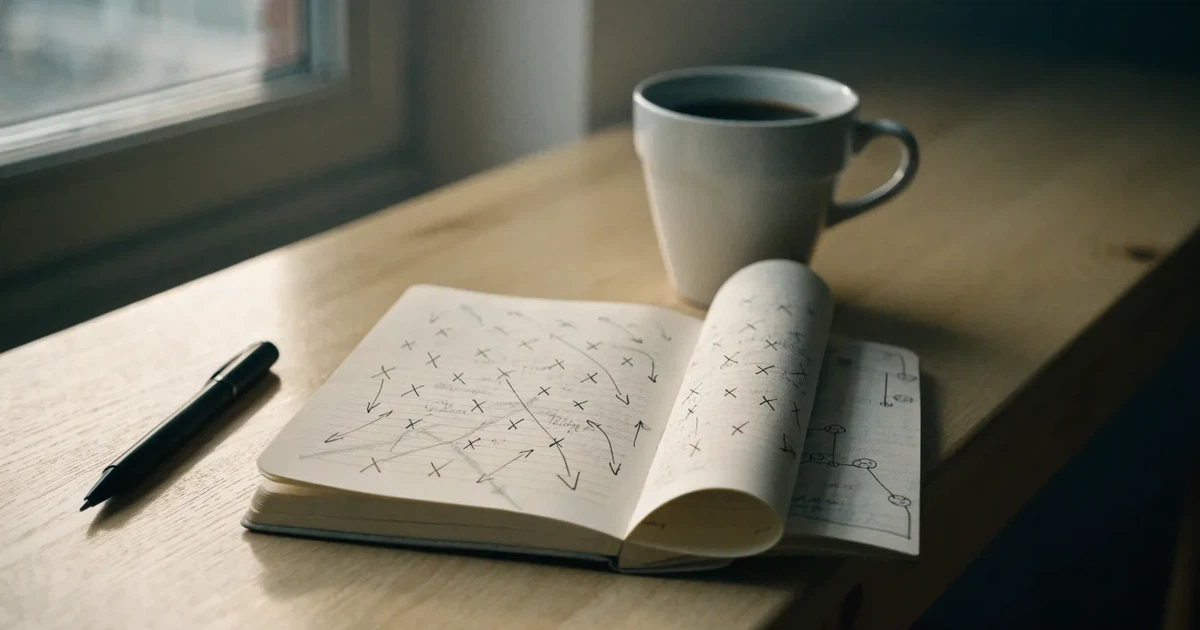 Ein aufgeklapptes Notizbuch mit handschriftlichen Pfeilen und Kreuzen liegt neben einem Kugelschreiber und einem Becher Kaffee auf einem Tisch am Fenster.