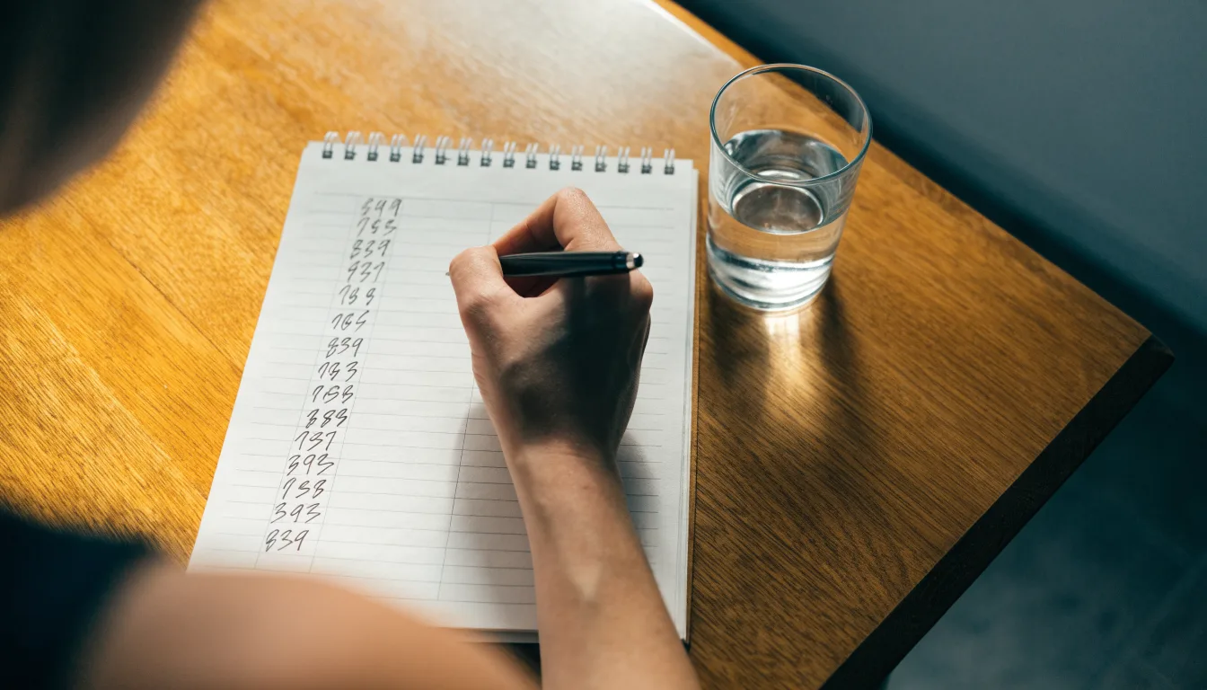 Ein Taschenrechner liegt auf einem Schreibtisch neben einem Block mit handschriftlichen Rechnungen und einem Glas Wasser.