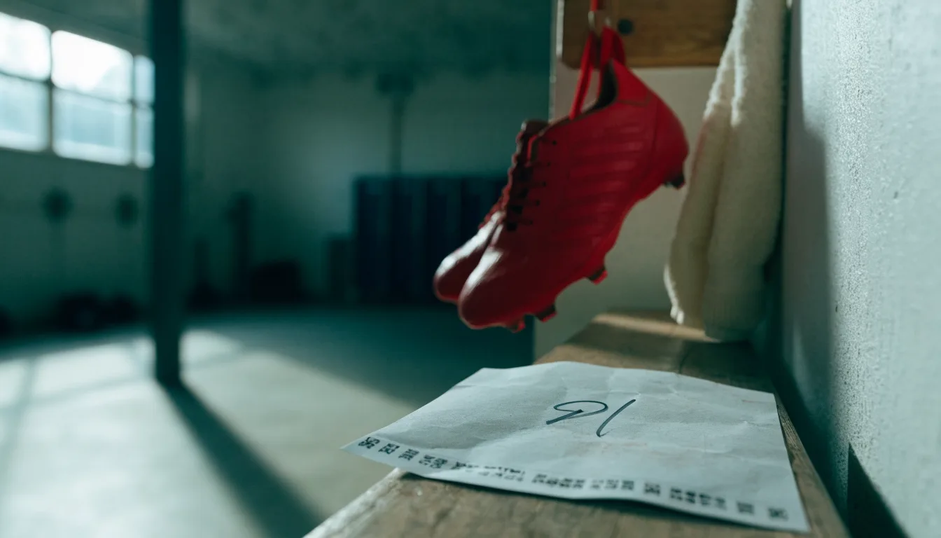Ein Paar Fußballschuhe hängt an den Schnürsenkeln an einem Holzhaken in einer leeren Umkleidekabine.