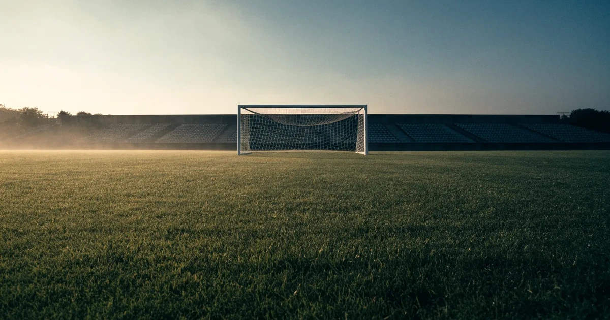 Ein Fußballplatz mit gepflegtem Rasen und einem Tor, über dem Spielfeld liegt Morgennebel, im Hintergrund eine leere Tribüne.