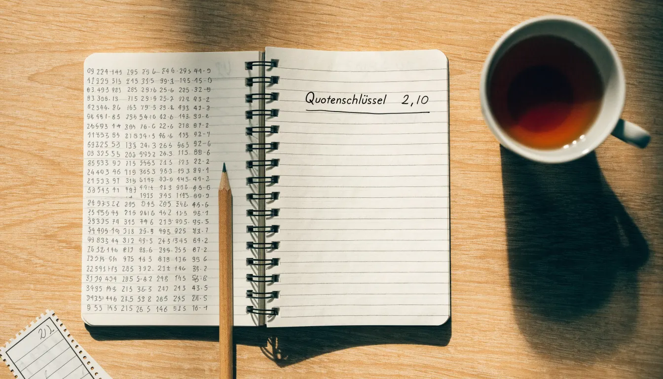 Ein Schreibtisch mit Taschenrechner, Bleistift und einem Block voller handschriftlicher Rechnungen, daneben eine Tasse Tee.