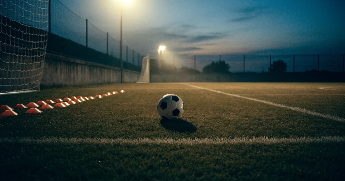 Eine Flutlichtanlage ragt über einen Trainingsplatz, auf dem Rasen liegen verstreut Hütchen und ein Ball, am Himmel die Abenddämmerung.