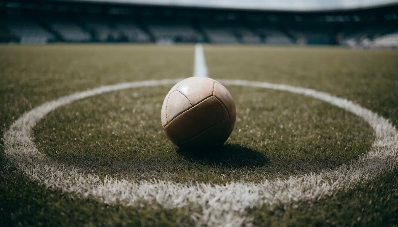 Ein Fußball liegt auf dem Rasen im Mittelkreis, die Kreidelinien führen scharf ins Bild, dahinter verschwimmt eine Tribüne.