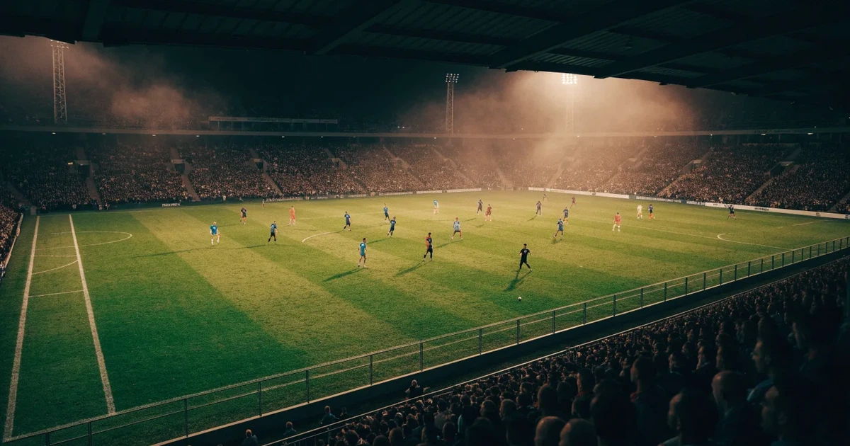 Ein großes Stadion bei Nacht, aus der Ferne unter Flutlicht gesehen, die Ränge hell erleuchtet, der Rasen leuchtend grün.