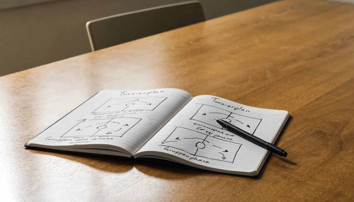 Ein aufgeschlagenes Notizbuch mit handschriftlichen Skizzen von Spielzügen liegt neben einem Kugelschreiber auf einem Holztisch.