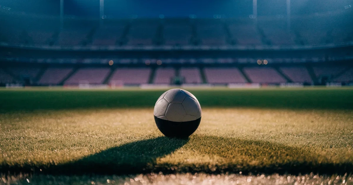 Ein Fußball liegt auf dem Rasen eines leeren Stadions bei Flutlicht, im Hintergrund unscharfe Tribünen ohne erkennbare Beschriftung.