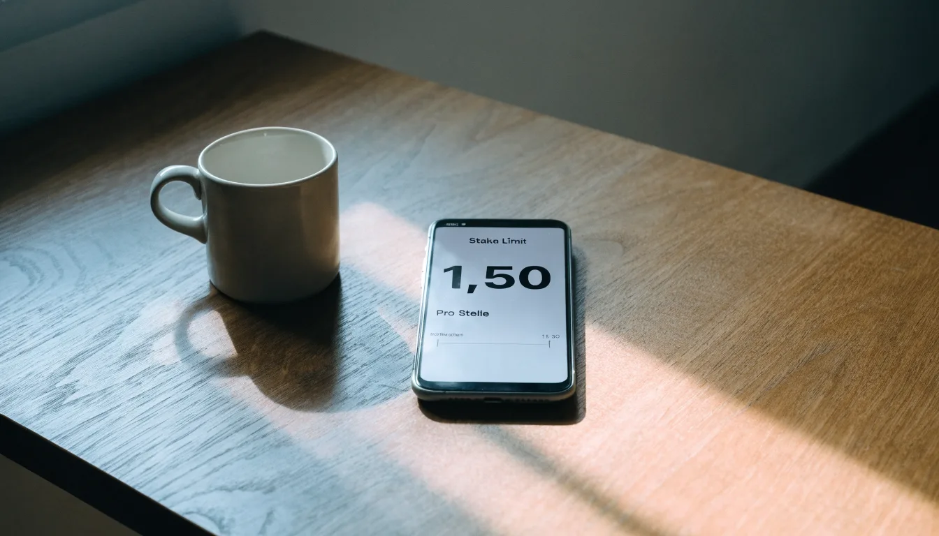 Ein Smartphone mit dunklem Display liegt neben einer Kaffeetasse auf einem Holztisch im Licht eines Fensters.