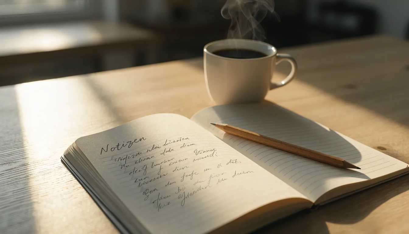 Ein aufgeschlagenes Notizbuch mit handgeschriebenen Stichpunkten und ein Bleistift liegen neben einer Kaffeetasse auf einem hellen Holztisch.