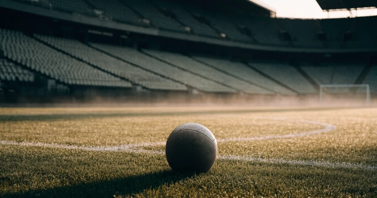 Ein Fußball liegt auf dem Mittelkreis eines Stadionrasens am frühen Morgen, im Hintergrund leere Ränge ohne erkennbare Beschriftung.
