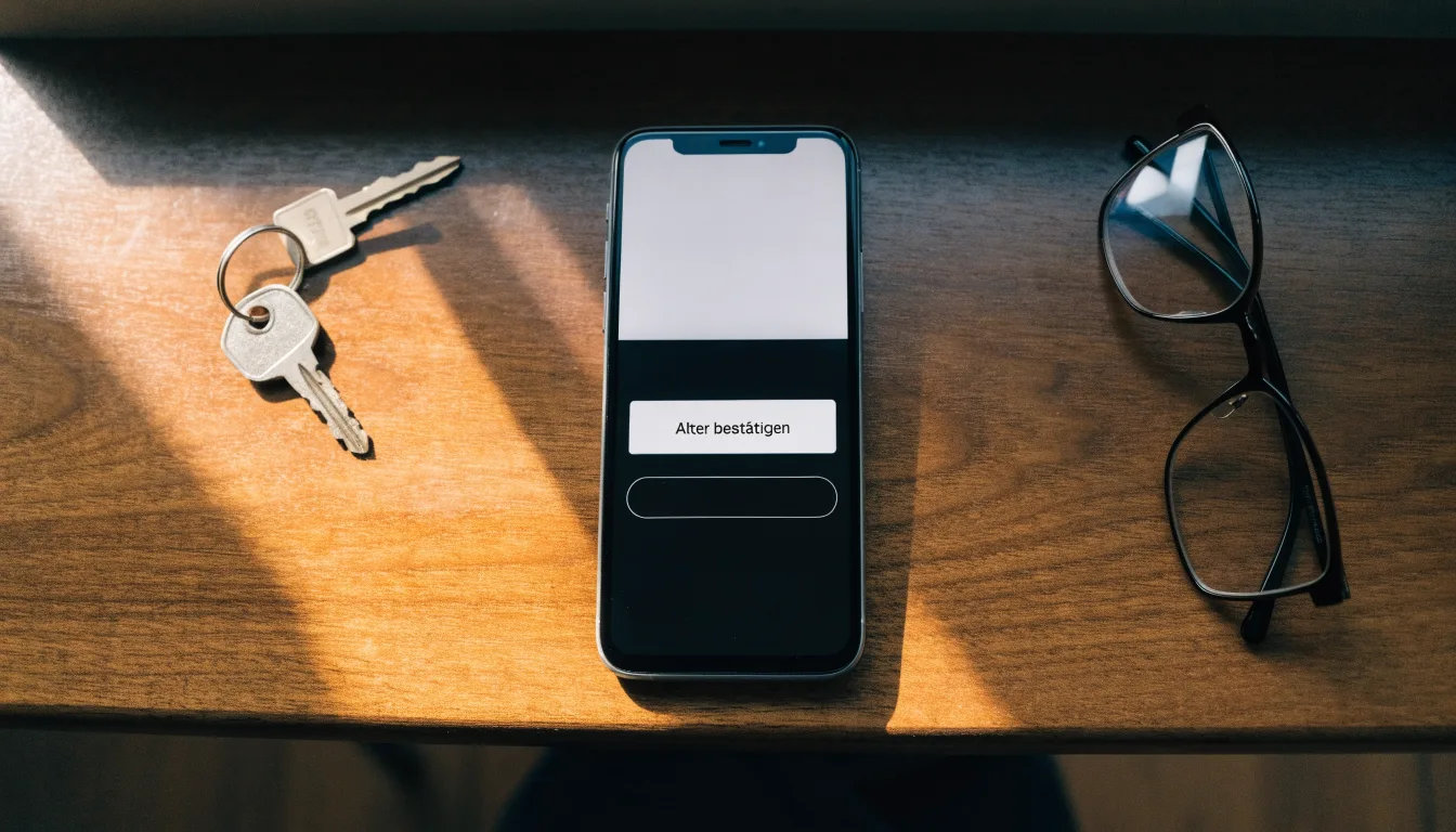 Ein Smartphone liegt mit dunklem Display auf einem Holztisch neben einem Schlüsselbund und einer Brille im Licht eines Fensters.