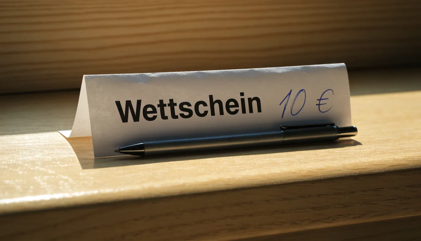 Ein leerer Papier-Wettschein und ein Kugelschreiber liegen auf einer Theke aus hellem Holz im Tageslicht.