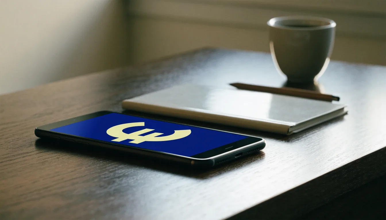 Ein Smartphone liegt mit dunklem Display auf einem Schreibtisch neben einem Notizbuch und einer Kaffeetasse.