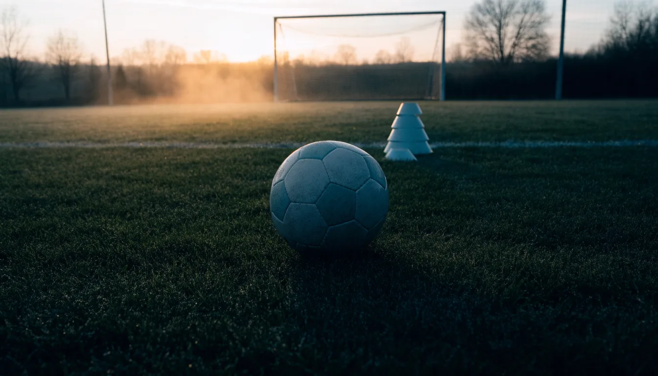 Ein Fußball liegt auf einem Rasenplatz bei Sonnenaufgang, daneben ein kleiner Stapel Trainingshütchen.