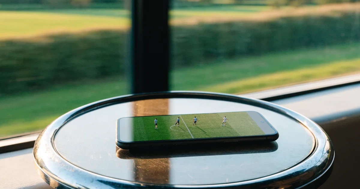 Eine Hand hält ein Smartphone mit dunklem Display in einem Zug, am Fenster ziehen verschwommen Felder vorbei.